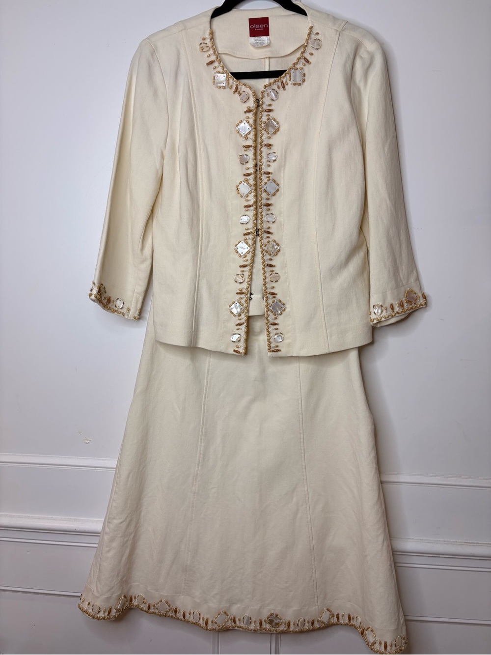 Vintage Olsen Europe Cream Embellished Skirt and Jacket Set